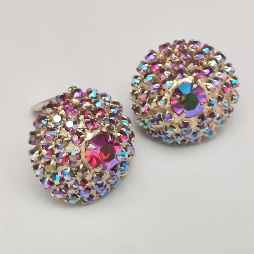 Vintage Siam Red AB Rhinestone Tier Dome Earrings